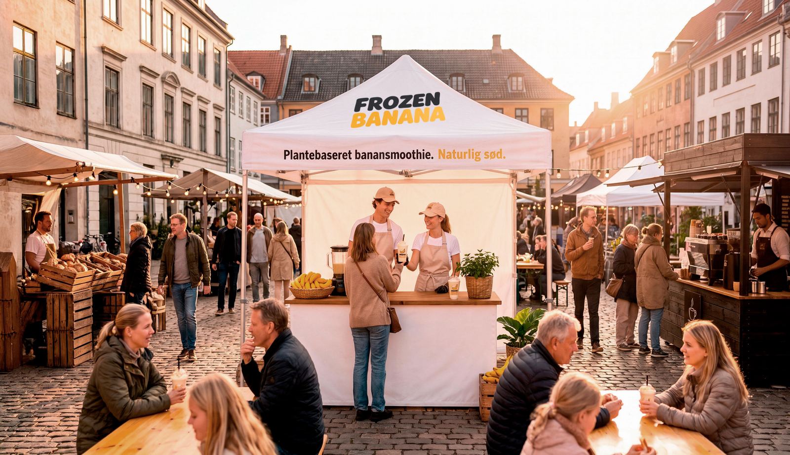 Frozen Banana-boden på et marked, hvor to medarbejdere serverer en friskblendet banansmoothie